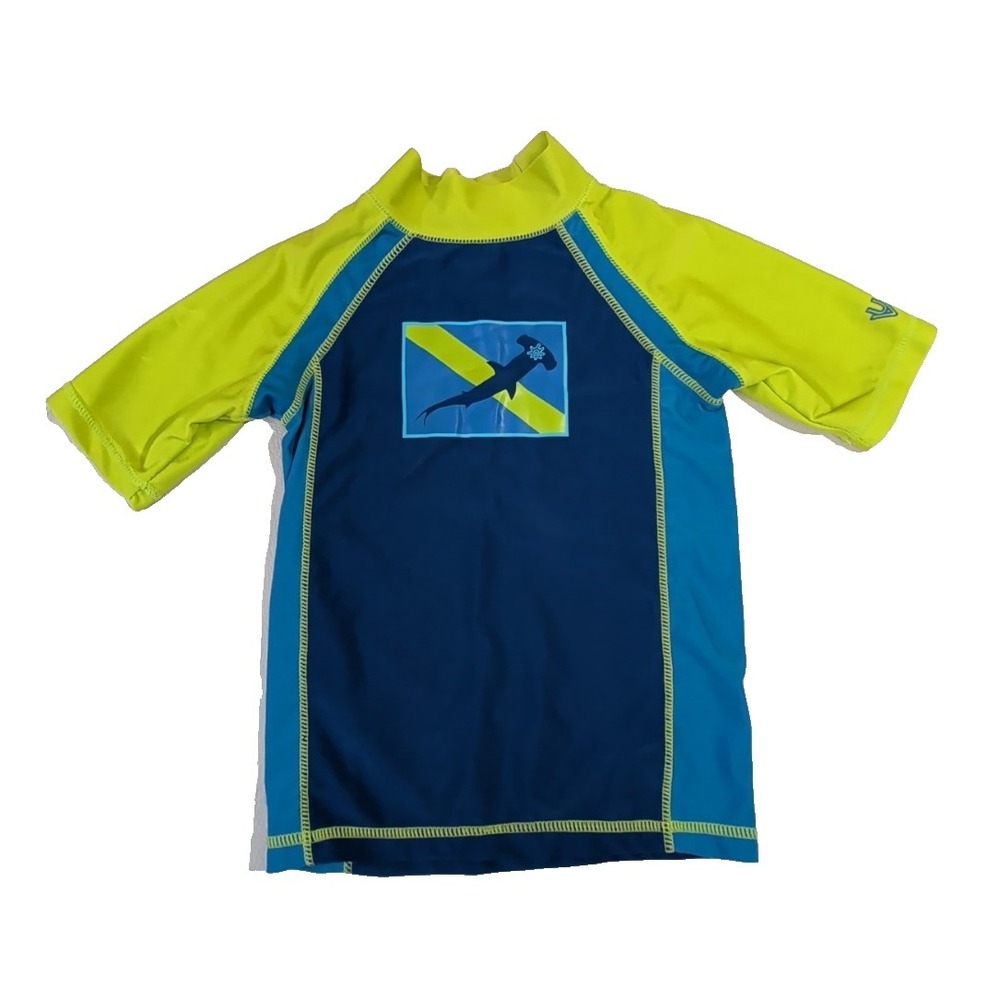 UV Skinz‎ Shark Swim Shirt Rash Guard Boys 5 Blue Neon Green Beach Pool Vacation